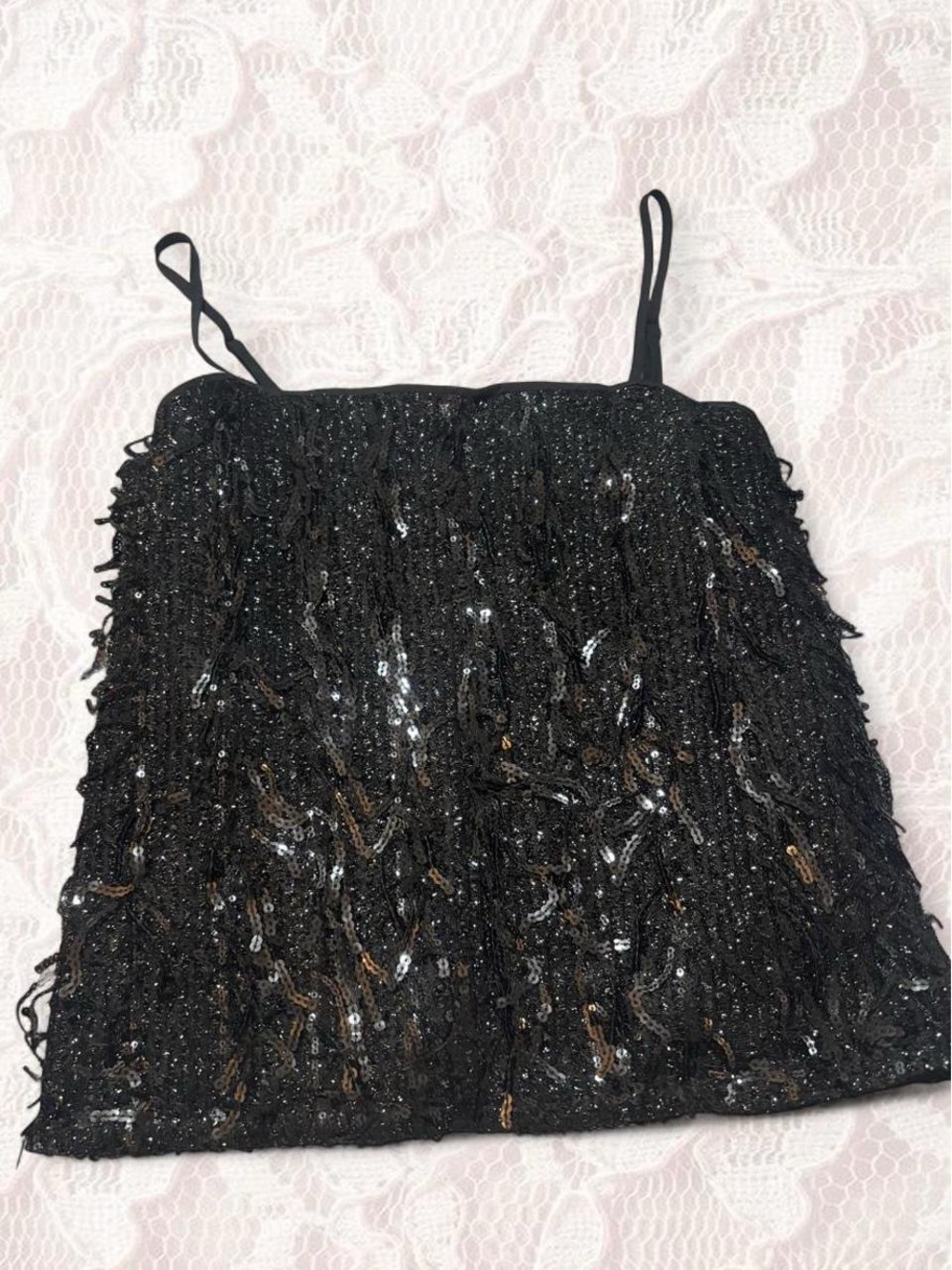 LOFT Black Sequin Fringe Spaghetti Strap Tank